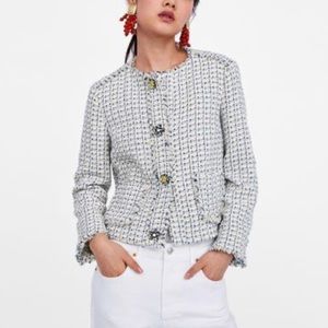 Zara Basics Cream Tweed Style Blazer Flower Button